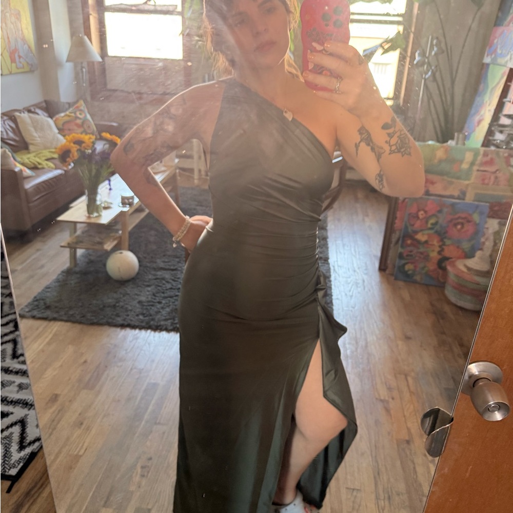 Maxi Dress, Asymmetrical with side leg opening.